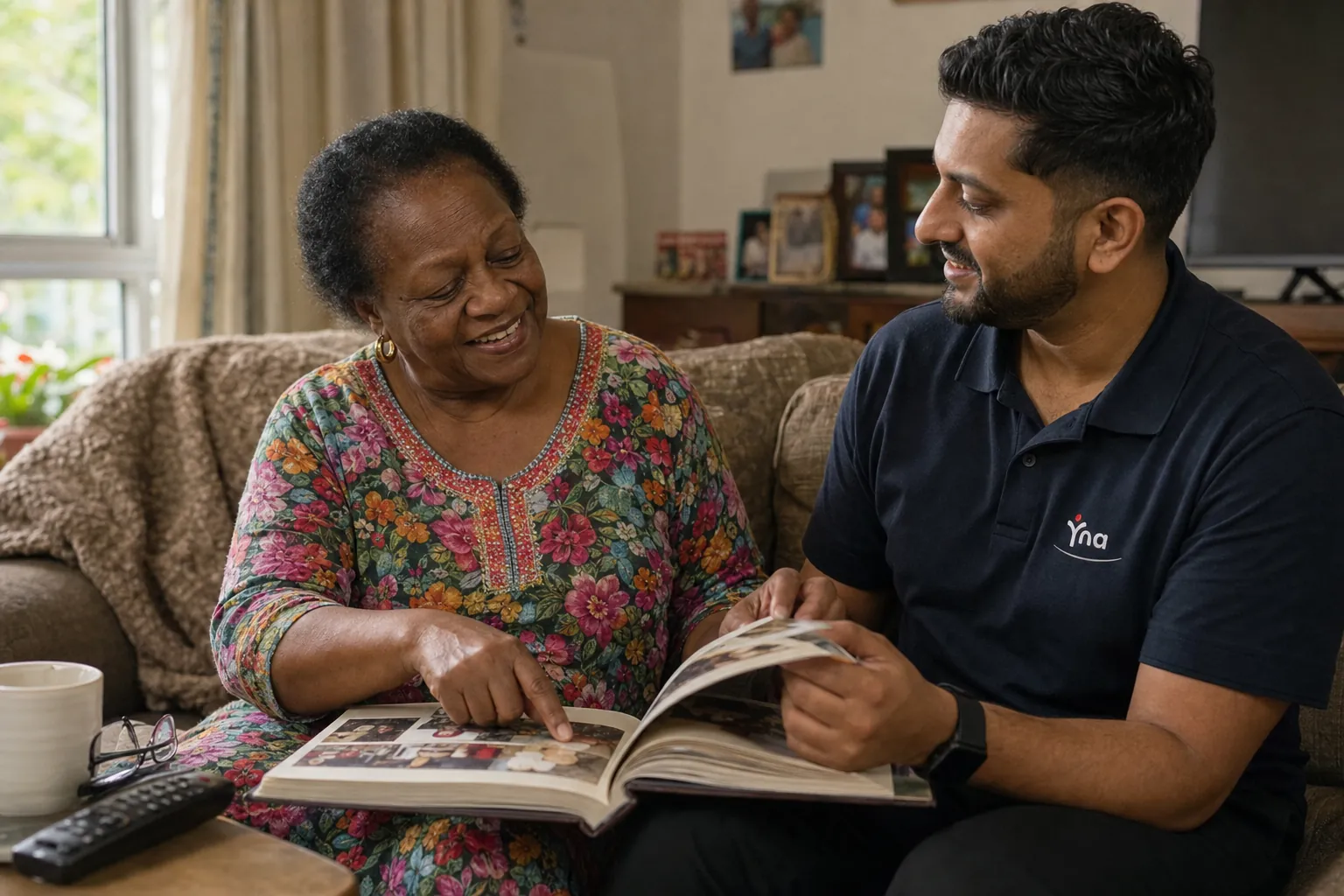 A support worker looking through a photo album with an older woman at home