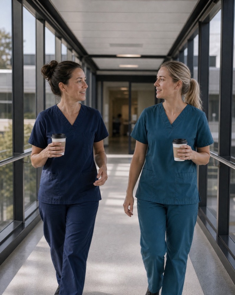 Two clinicians walking together through a hospital corridor