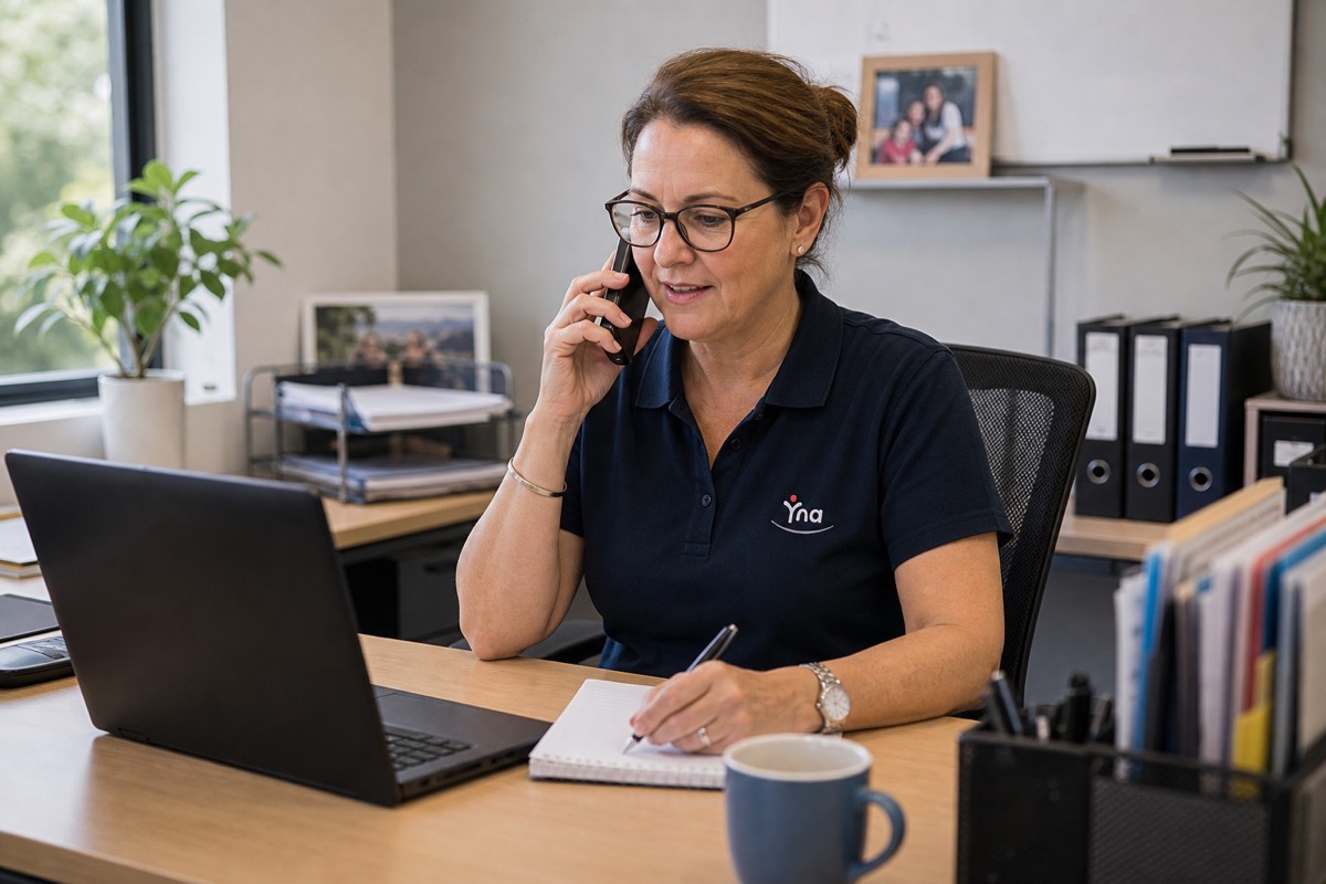 A support coordinator working at her desk