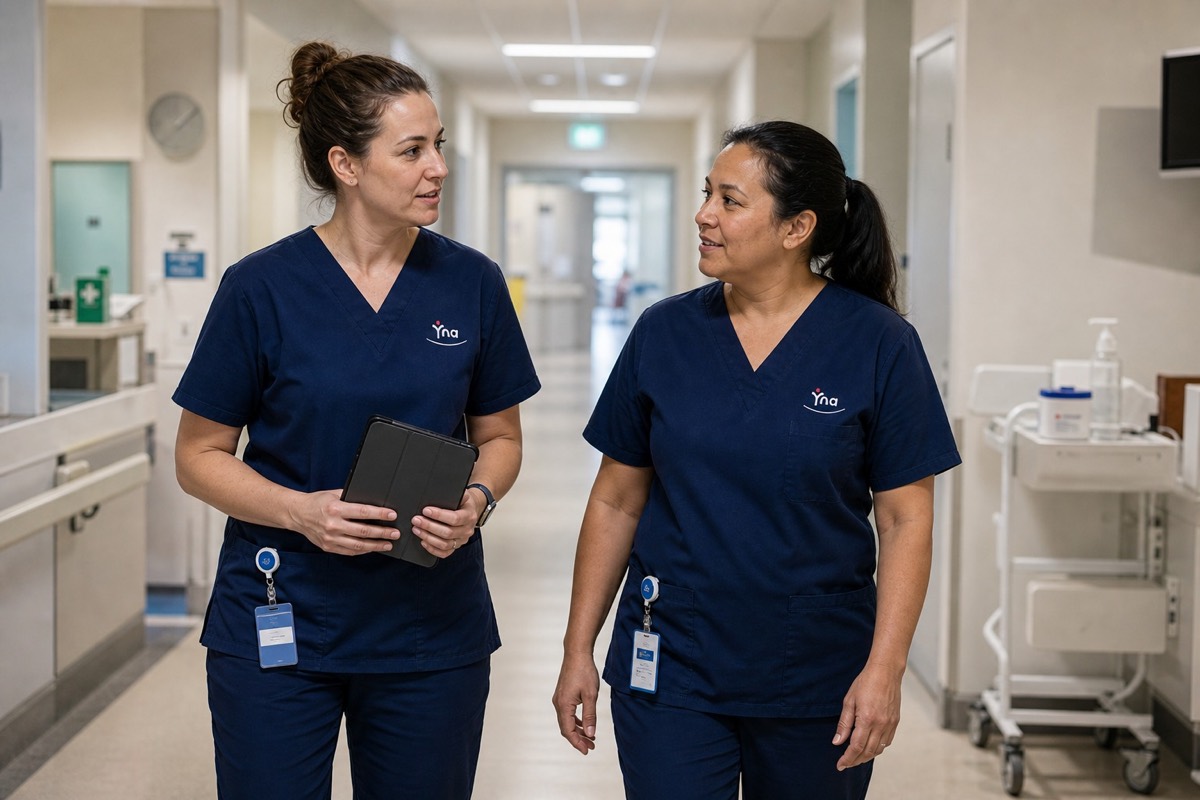 Two nurses talking as they walk a hospital corridor