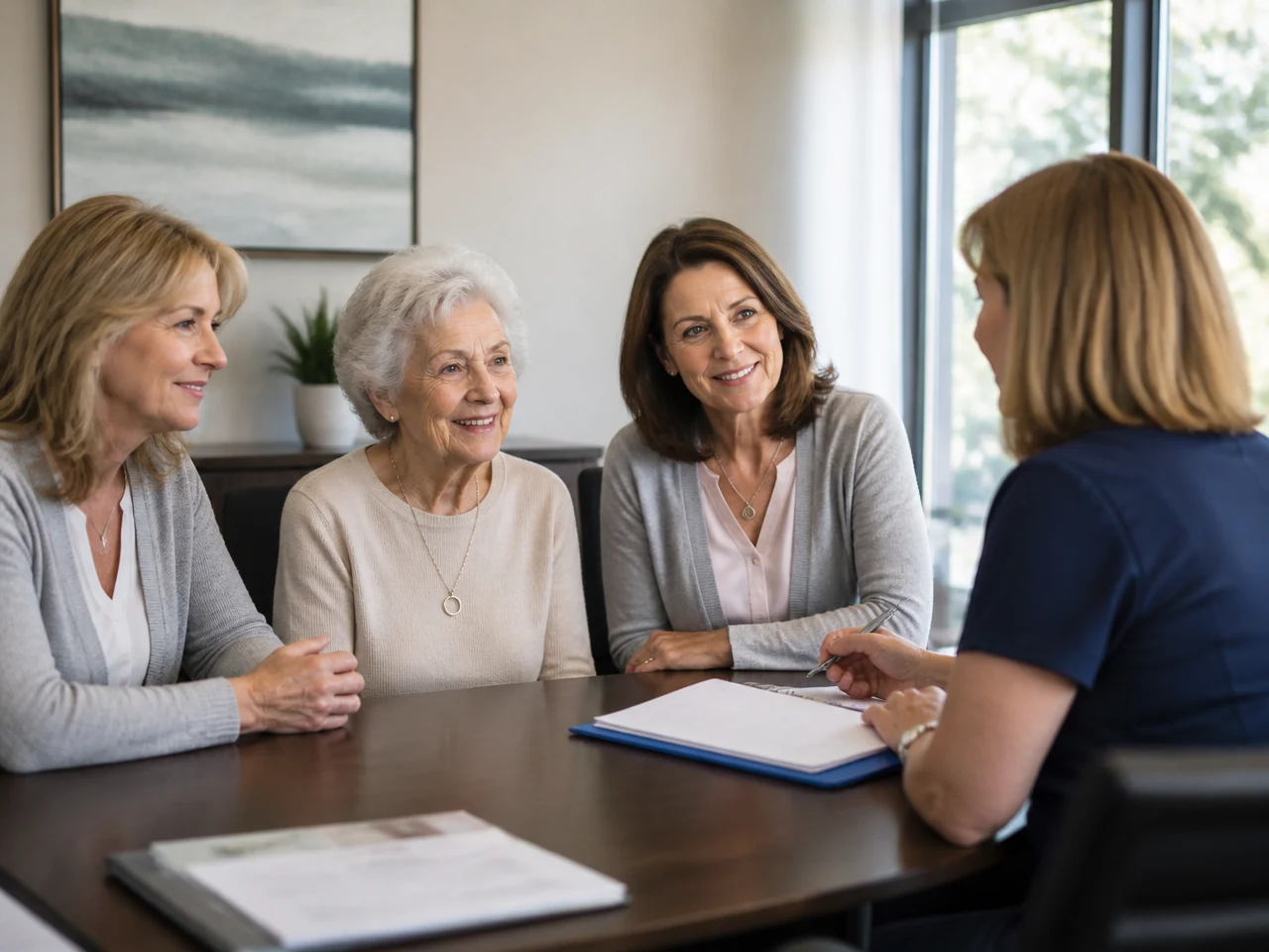 An older woman and her two adult daughters talking with an aged care consultant at a table
