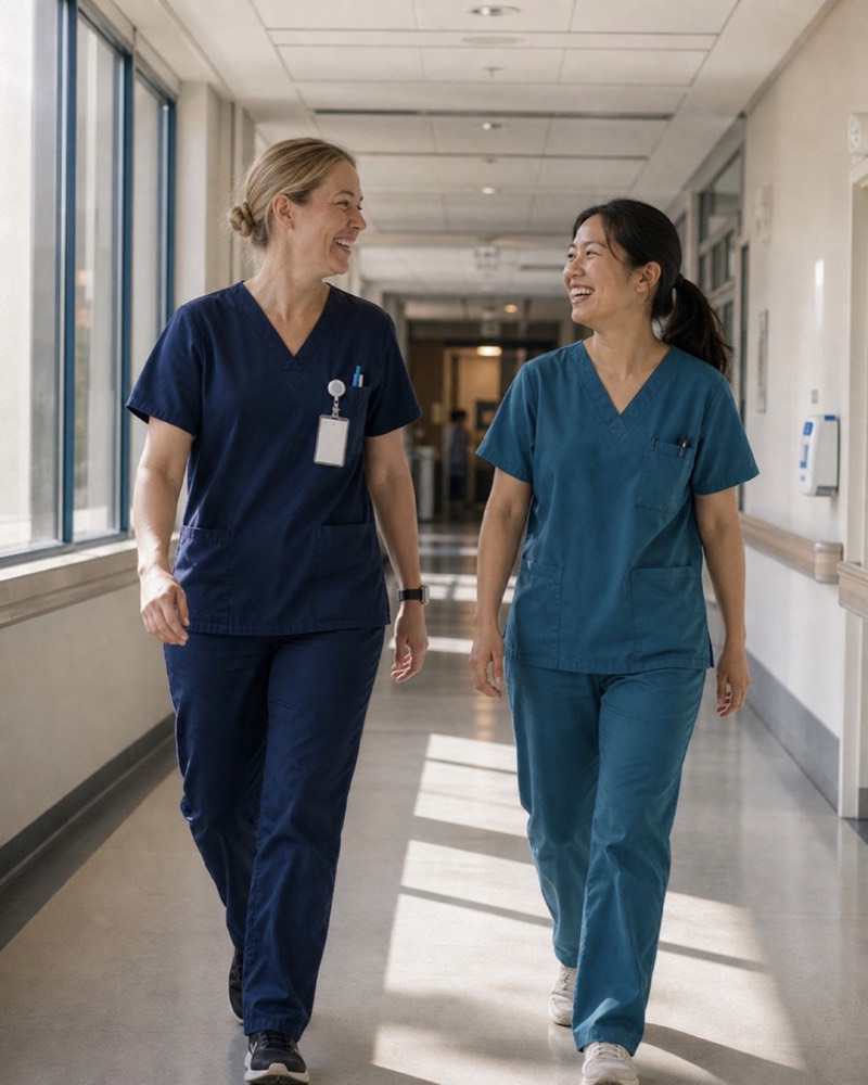 Two nurses walking a hospital corridor together